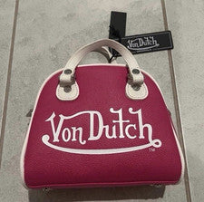 Mini Cartera Von Dutch Rosa Blanco Logo Mango Superior Cremallera Bandolera con Correa