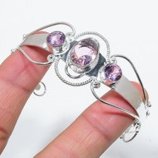 Brazalete ajustable de plata de ley 925 hecho a mano con piedras preciosas de kuncita rosa