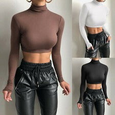 Mujeres Sexy Top Recortado Cuello Alto Manga Larga Ajustado Corto Túnica Camisas