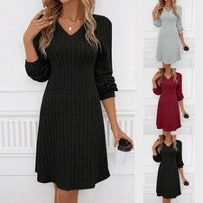 Tailliertes gestreiftes Kleid mit V-Ausschnitt für Damen aus Viskose Polyester