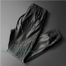 Pantalones de chándal de cintura elástica para hombre con bolsillo de motocicleta de cuero sintético de moda