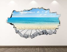 Calcomanía de pared con vista a la playa - Adhesivo arte roto 3D mar decoración niños vinilo hogar dormitorio