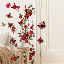 Calcomanías adhesivas de pared de PVC con flores de rosa 3D mariposa decoración para el hogar de dormitorio sala de esta
