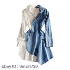 Mujer Irregular Denim Informal Costuras Manga Larga Camisa Vestido Moda Blusa