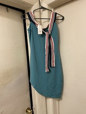 Nuevo con etiquetas Vestido midi para mujer verde azulado sin mangas S/M a rayas cuello atado elástico informal elegante