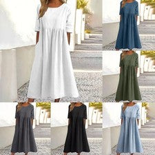 Vestido de algodón y lino para mujer ajuste holgado cuello redondo manga corta
