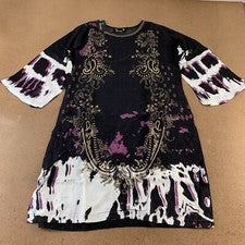 Mini vestido túnica de moda para mujer talla mediana negro tie dye adornado línea A nuevo con etiquetas