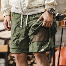 Pantalones Cortos de Carga Estilo Retro Exterior Malla Empalme Para Hombre Rectos Informales Sueltos