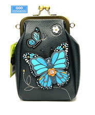 BOLSO BANDOLERA RETRO PARA TELÉFONO CELULAR AZUL MARIPOSA KISSLOCK RFID CHALA AZUL MARINO