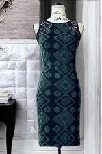 Vestido lápiz para mujer verde estampado azteca cuello redondo detalle sin mangas en encaje talla S