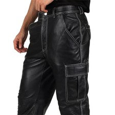 Pantalón Para Hombre Cuero Suave Vaca Real Negro Estilo Carga Bolsillos Informal y Elegante