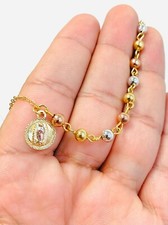 Pulseras Virgen de Guadalupe 14K Tricolor Rellenas de Oro 7.5"/Pulsera de Cuentas.
