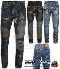 Pantalones de mezclilla de motociclista con estampado de láminas para hombre calce largo ajustado 32~44 NUEVO Moda