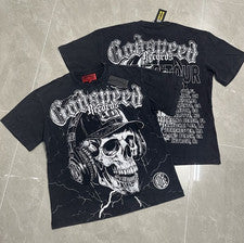NUEVA Camiseta Lavada Estampado Godspeed Manga Corta Estilo Street Rock Para Hombre, Talla S-XL