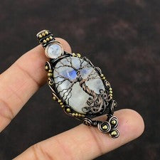 Colgante Árbol de la Vida Arco Iris Piedra Lunar Cobre Regalo Mamá Envuelto Alambre 2.76"