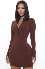 MODA NOVA Mujer Marrón Manga Larga Cremallera Frontal Acanalado Mini Vestido