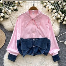 Mujeres Moda Coreana Cuello Solapa Mangas Largas Denim Nudo Camisa Informal Prendas para el torso