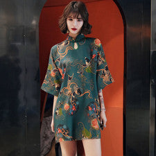 Vestido corto suelto para mujer Qipao Cheongsam verde poliéster estampado animal motivo pez