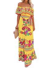 Mujer Vestido Mexicano Verano Estampado Floral Fuera del Hombro Sin Mangas Playa9564