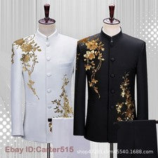 Traje de hombre con cuello alto chaqueta negra estilo chino abrigo de un solo pecho pantalones