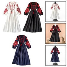 Vestido bohemio manga larga línea A bordado pesado algodón lino bordado