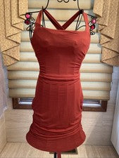 Moda Nova Mini Vestido con Cordones Espalda Elastizado Marsala/Canela Oscura Talla Pequeña