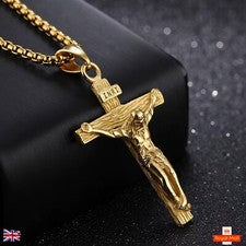 Crucifijo Jesús Hombres Mujeres Collar Cadena Chapado en Oro 18K Cruz Cobre Colgante Reino Unido
