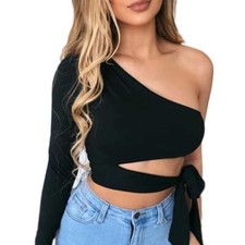 Sexy Top de Moda con Hombro Inclinado para Mujer Manga Única Color Sólido Con Cordones