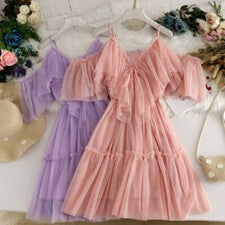 Vestido de mujer con volantes de red escote en V lindo Lolita Fairy Princess midi elegante