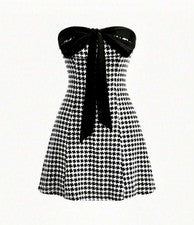 Mini Vestido Pata de Gallo Sin Tirantes Para Mujer Pequeño Negro Blanco Elastizado Informal Fiesta