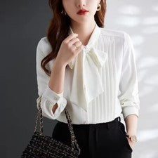 Primavera Otoño Para Mujer Elegante Moda Camisa con Lazo Temperamento Plisado Blusa