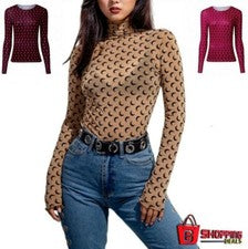 Mujeres Camiseta Manga Larga Cuello Alto Informal Prendas para el torso Damas Ver a través de la Luna Sexy Nueva
