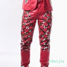 Rock Pant Club Hombres Disfraz Remache Imitación Cuero Pantalón Largo Estrás Rejilla