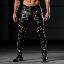 Pantalones de cuero negros para hombre calce ajustado estilo motociclista con pantalón a rayas amarillas
