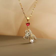 💖 Collar de oso de peluche oro circonita corazón colgante perla mujer joyas lindo 💎