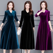Vestido de terciopelo para mujer midi manga larga cuello en V swing noche cóctel elegante