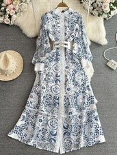 Moda Pasarela Flor Bordado Vestido Para Mujer Soporte Linterna Manga S-xxl