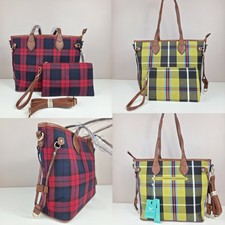 Bolso de Mano y Muñequera a Cuadros Tartán, Borde de Cuero Sintético Marrón, Varios Bolsillos, Cremallera