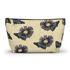 Bolsa Amarilla de Accesorios o Maquillaje - Mariposas Azules Acuarela y Flores Púrpura