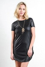 Vestido túnica de cuero real para mujer con cuello redondo manga corta para informal