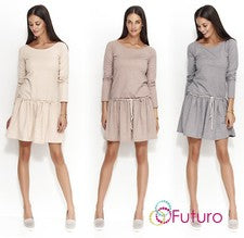 Mini vestido para mujer con cordón en la cintura túnica para dama con bolsillo en el cuello de barco FM153