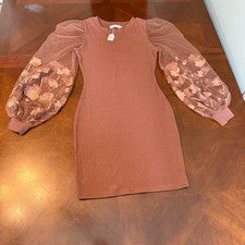 Vestido de punto acanalado para mujer con mangas de malla abullonada bordadas florales transparentes pequeño