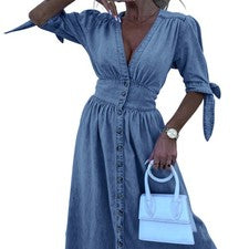 Vestido de mezclilla para mujer cuello en V largo de moda con botones cintura media manga corta abertura 4162