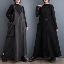 Vestido largo informal de pana con tirantes y cuello en V suelto de gran tamaño para mujer