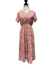 Vestido midi floral rosa para mujer, manga corta, talla S, lindo a la moda