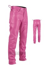 Pantalones de cintura ajustables con cordones de cuero rosa genuino para hombre