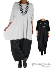 LAGENLOOK Long Shirt túnica blanco y negro L-XL-XXL-XXXL 44 46 48 50 52 54 56 58