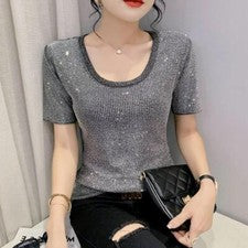Camiseta de verano ajustada para mujer Moda Cuello redondo Manga corta Estrás Prendas para el torso