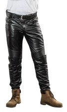 Pantalones de motociclista de cuero negro genuino para hombre