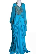 Vestido Islámico Kaftán Dubai Marroquí Elegante Caftán Azul Georgette Chaqueta Vestido